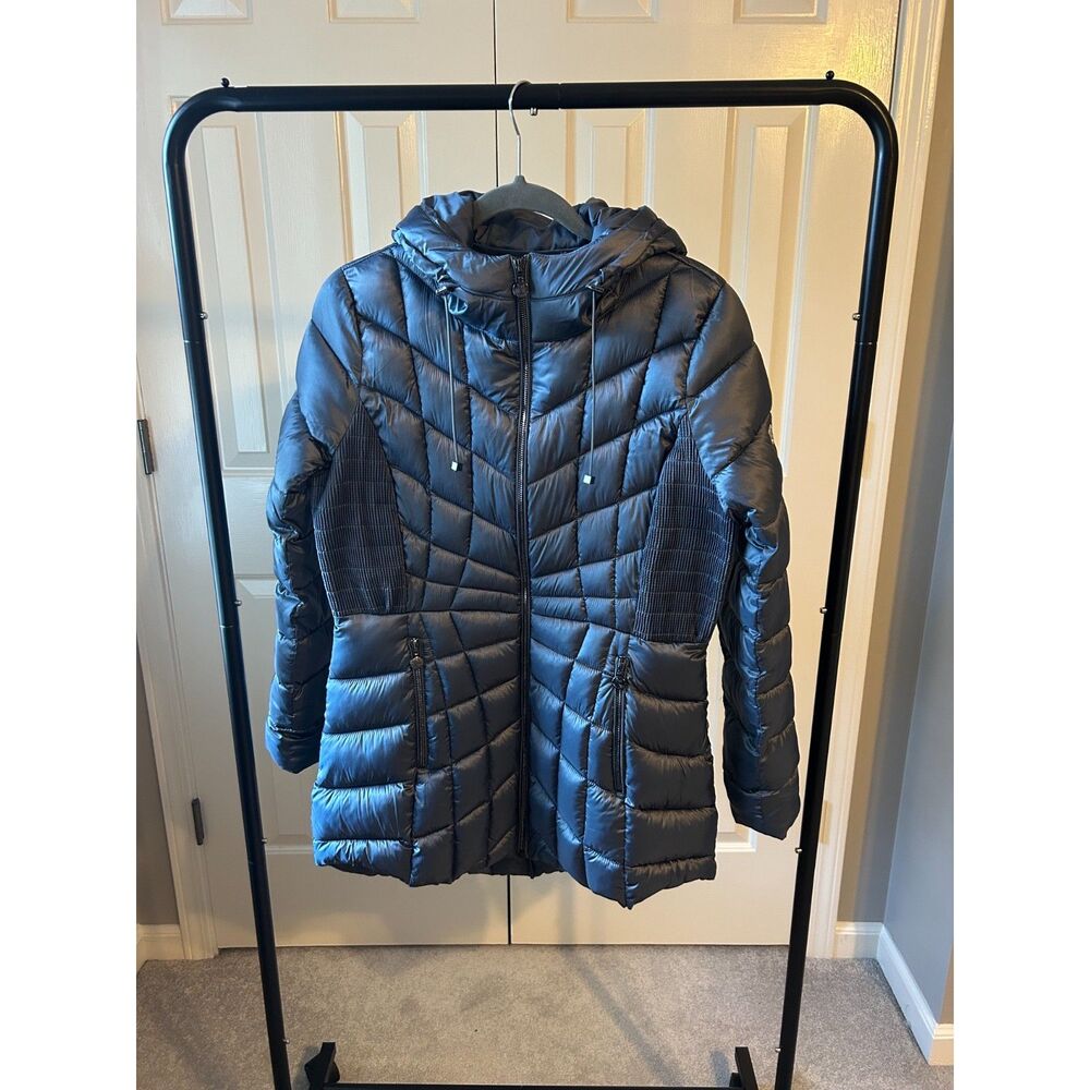 Bernardo Iced Cove Blue EcoPlume Hooded Packable Hooded Coat Medium